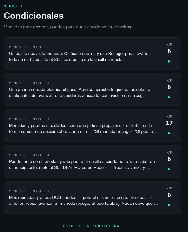 Mundo 3 de BucleBot: niveles de condicionales de programación